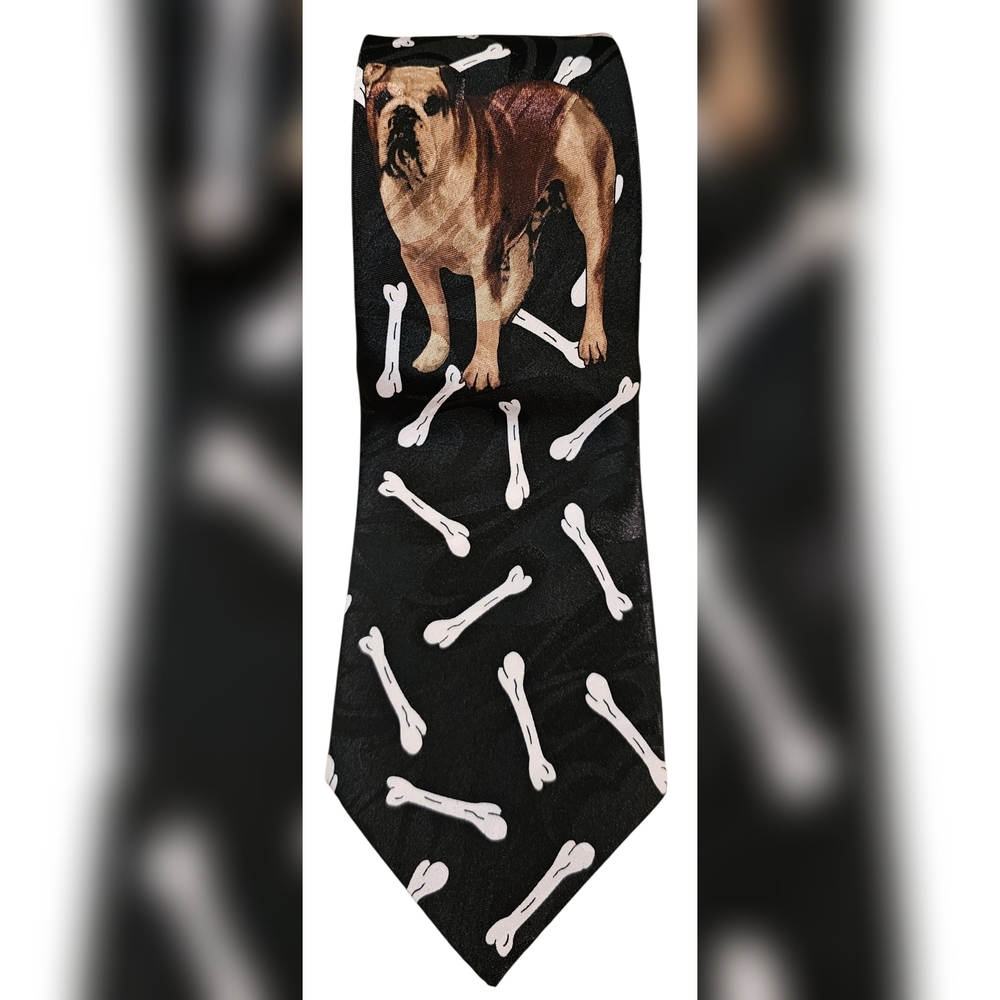 Bulldog and Dog Bone Pattern Black Tie New